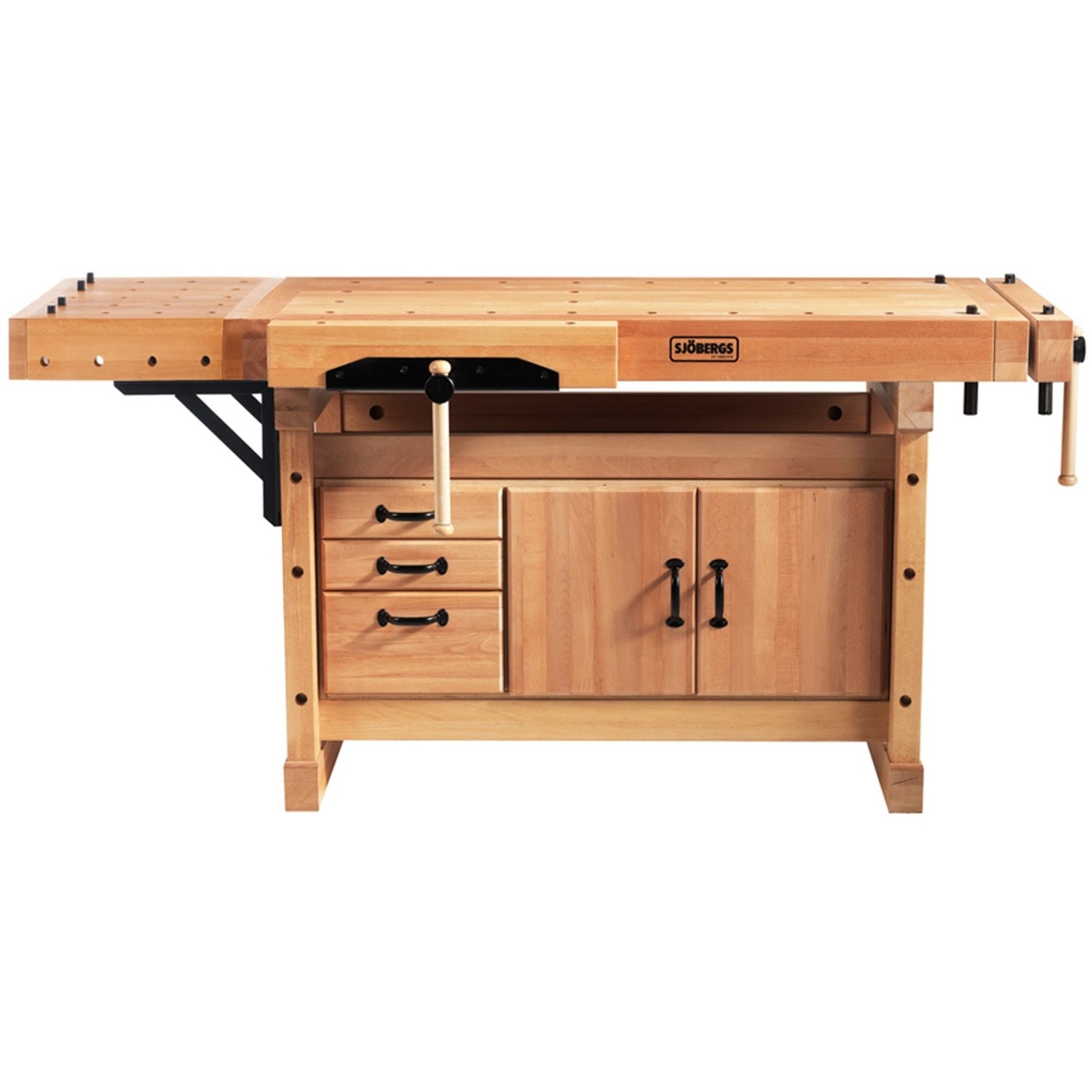 Sjöbergs Hobelbank Elite 1500 aus Buchenholz mit Schubladen und Schranktüren.