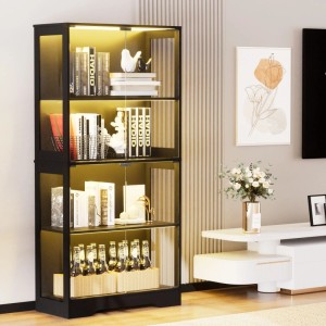 Schwarze Glasvitrine mit LED-Beleuchtung, 4 Fächern und Glastüren. Bietet Stauraum für Deko im Wohnzimmer.