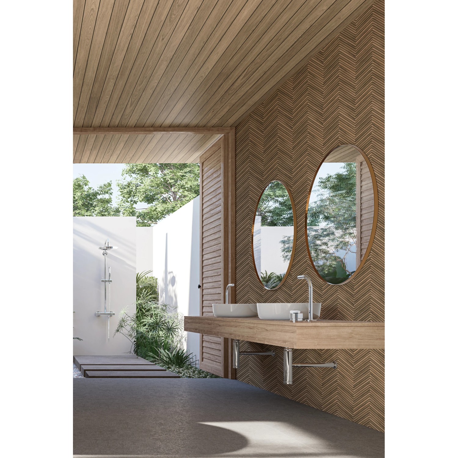 Moderne, braune Vliestapete mit Fischgrätmuster in Holzoptik von Marburg im Badezimmer.