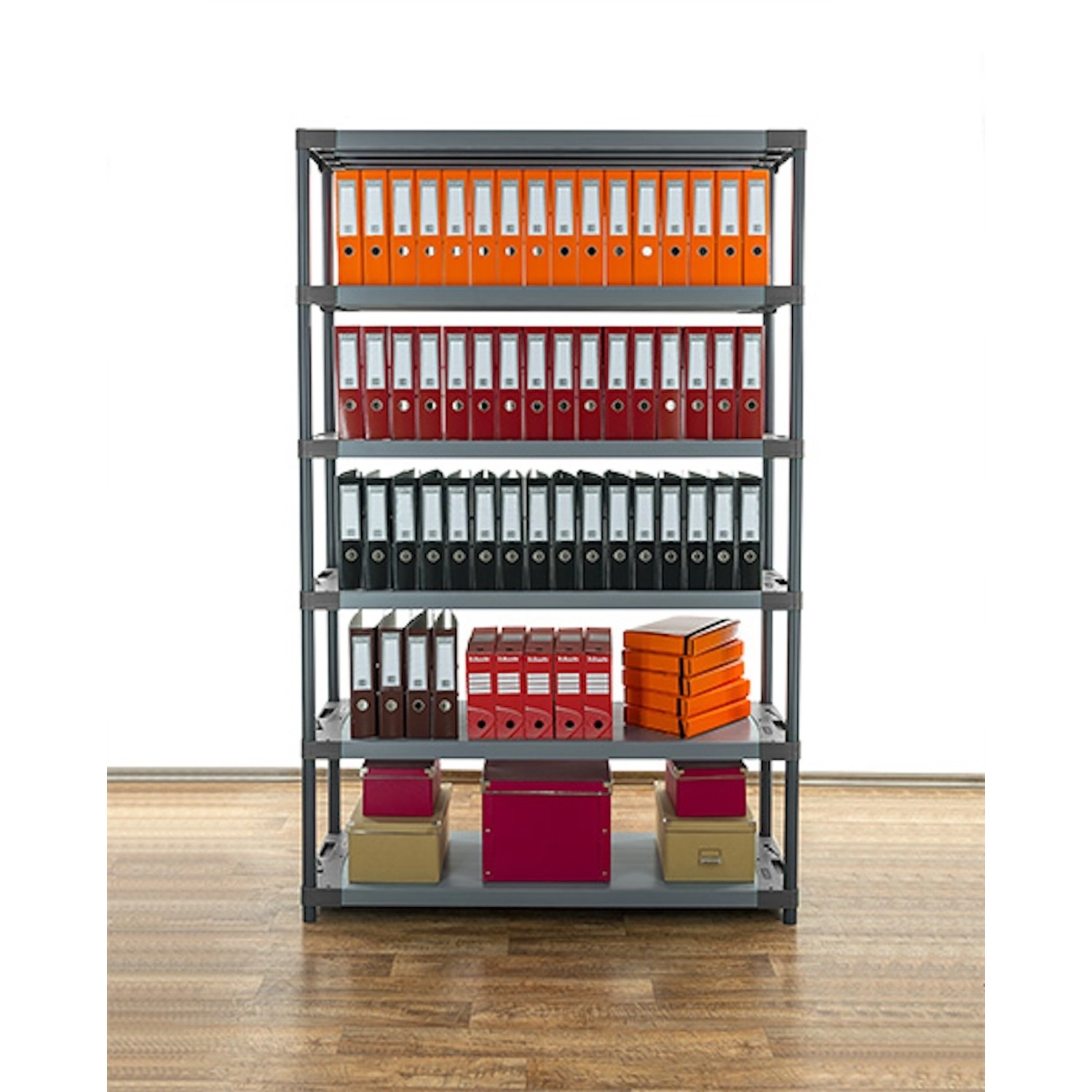 Graues PROREGAL Kunststoffregal Grey Bear Extra-Tall mit Ordnern und Boxen auf 6 Ebenen.