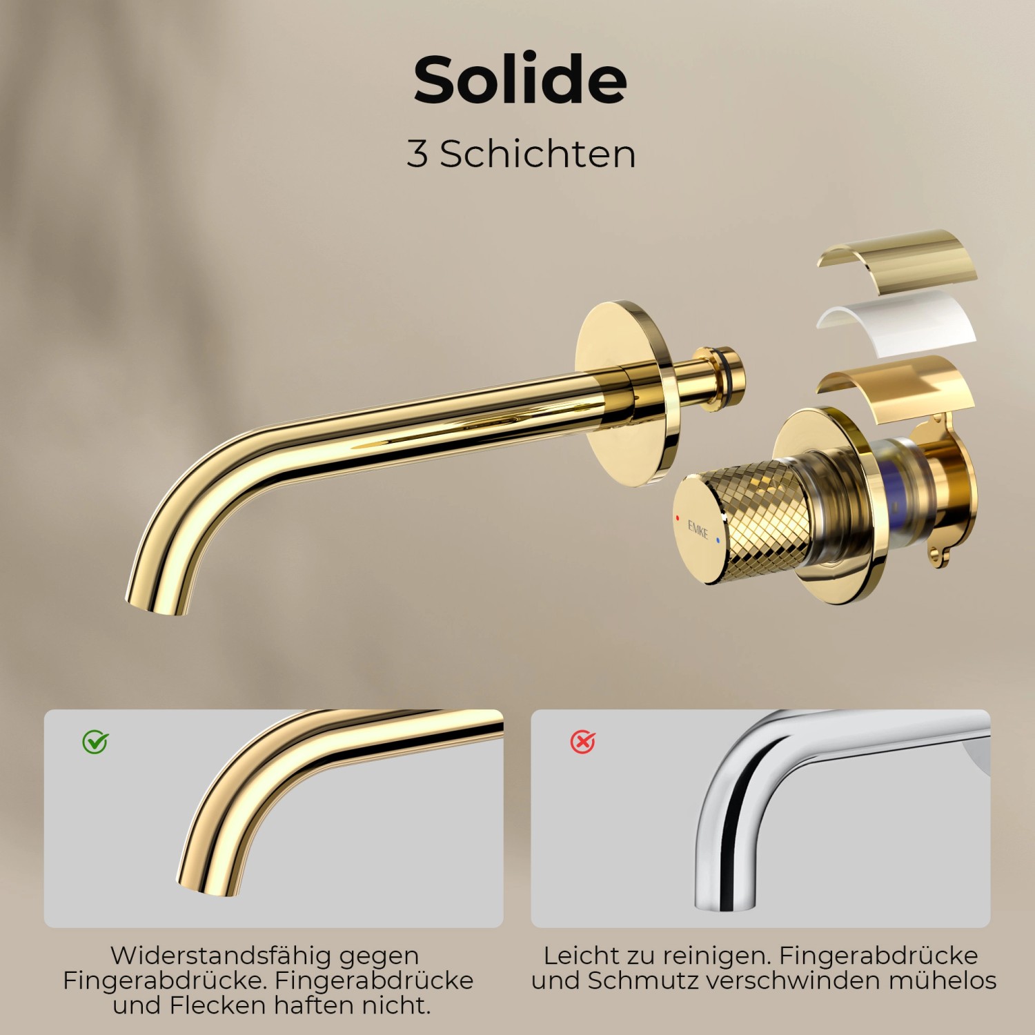 Emke Waschtischarmatur Unterputz für Wandmontage Champagnergold Wasserhahn Badarmatur_6