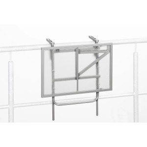 Silberner Balkonhängetisch (60x40 cm) mit Sicherheitsglasplatte am Balkongeländer.