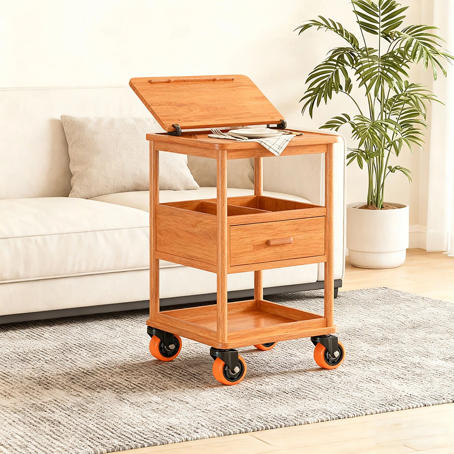 Relaxdays Lenkrollen 4er Set Schwarz-Orange an Servierwagen. Robuste Möbelrollen mit Bremse für Transport.