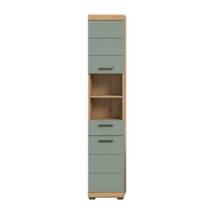Hochschrank in Salbei/Eiche Optik, 37x191x31 cm, mit Türen, Schubladen und Regalfächern für Bad oder Hauswirtschaftsraum.