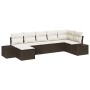 Braunes 7-teiliges vidaXL Garten-Sofa-Set aus Poly Rattan mit beigen Kissen.