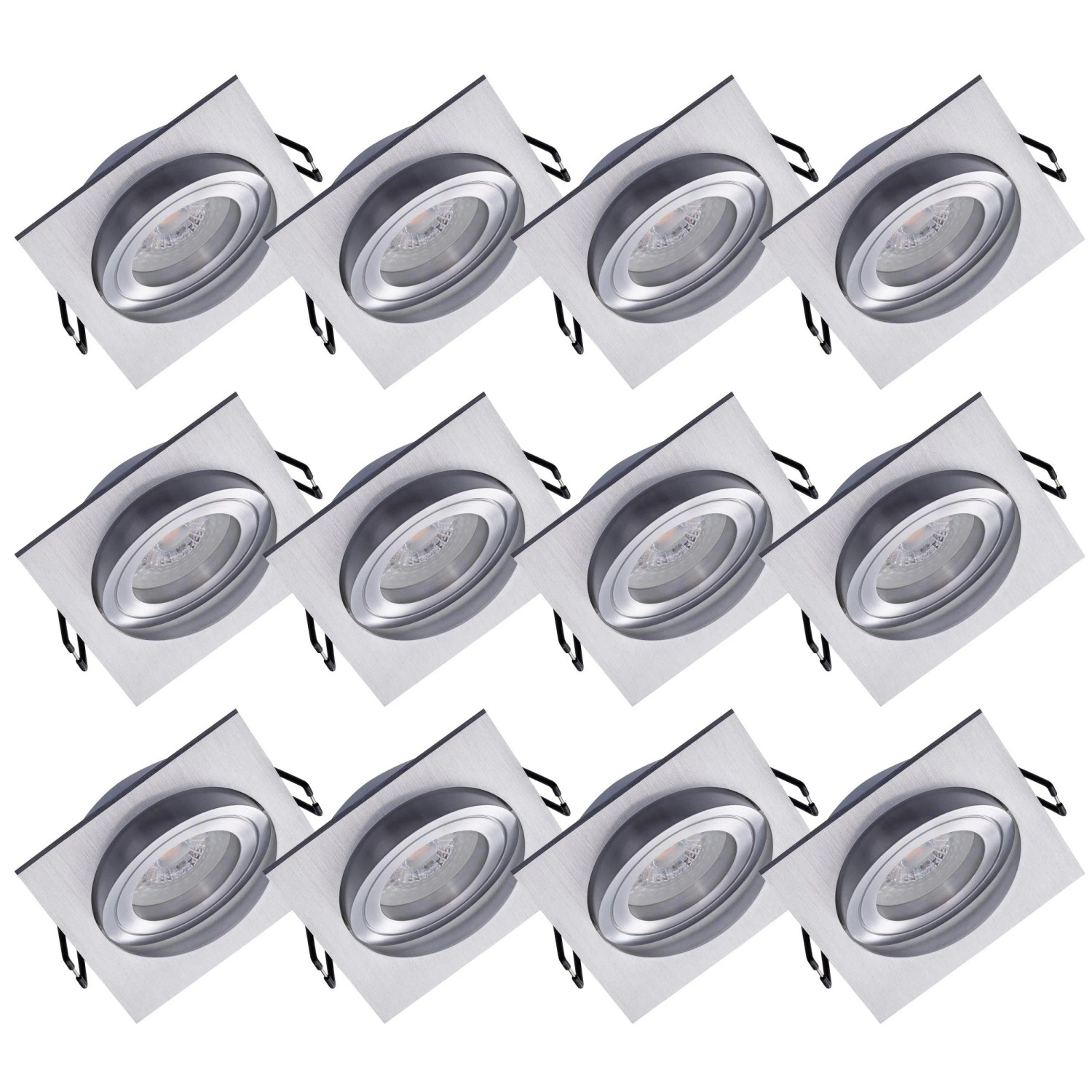 Oktaplex Lyon 12er Set LED-Spots Einbaustrahler 3-Stufen-Dimmbar Schwenkbar Eckig Ø 80mm Alu Gebürstet 2700K Warmweiß