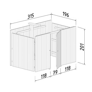 Technische Zeichnung: Palmako Geräteraum für Carport, Maße 315x732 cm, dunkelgrau lackiert.