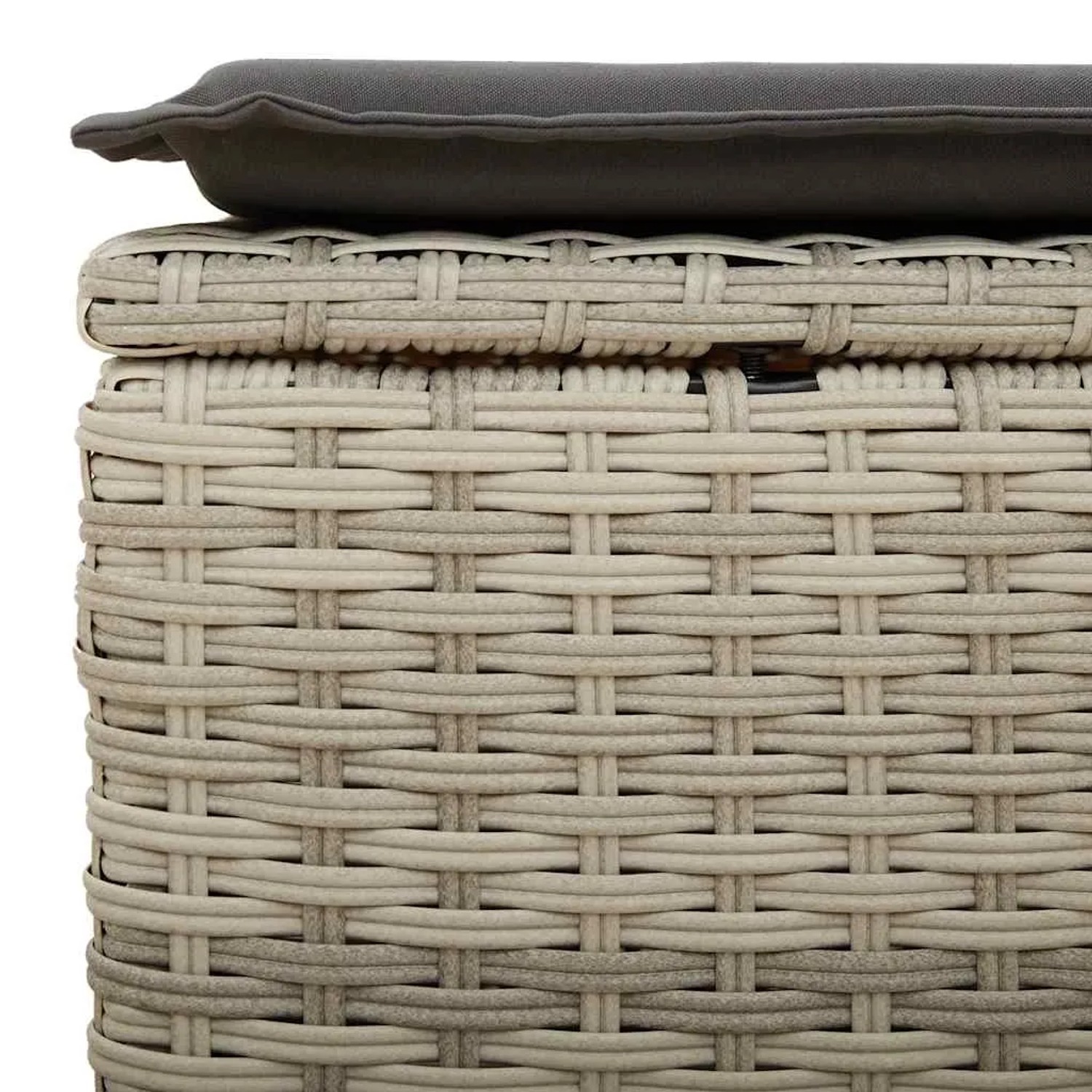 Detailansicht: Hellgraue Gartenmöbel aus Polyrattan mit dunklem Kissen. Teil der vidaXL Sofagarnitur.