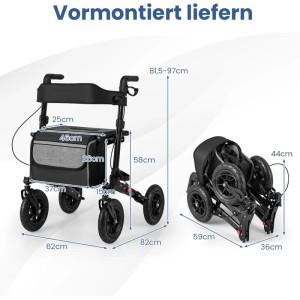 Costway Rollator mit Luftreifen, schwarz, faltbar und höhenverstellbar, mit Maßangaben.