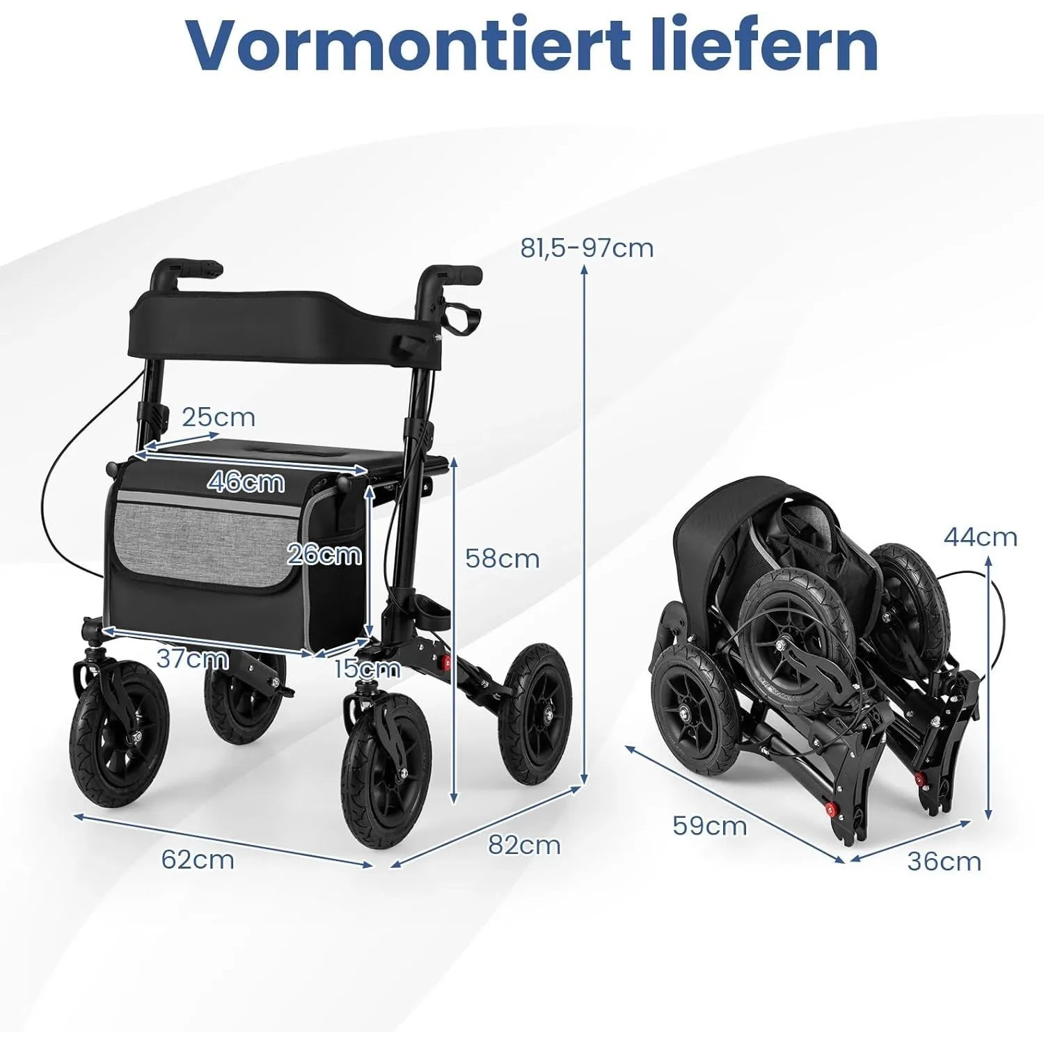 Costway Rollator mit Luftreifen, schwarz, faltbar und höhenverstellbar, mit Maßangaben.