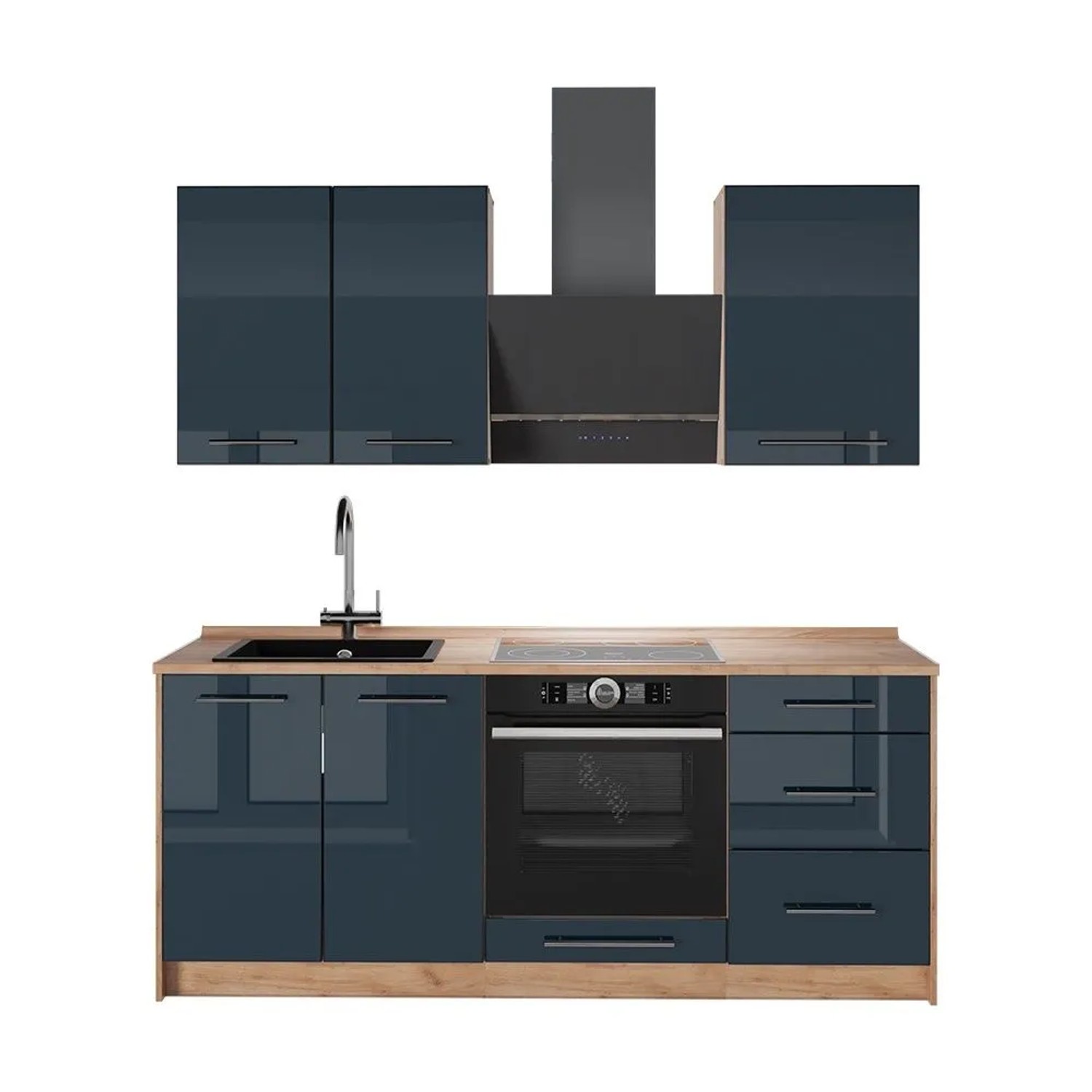 Vicco Singleküche Fame-Line Dunkelblau Hochglanz/Goldkraft Eiche 190 x 82 AP Eiche Art Nr 65767