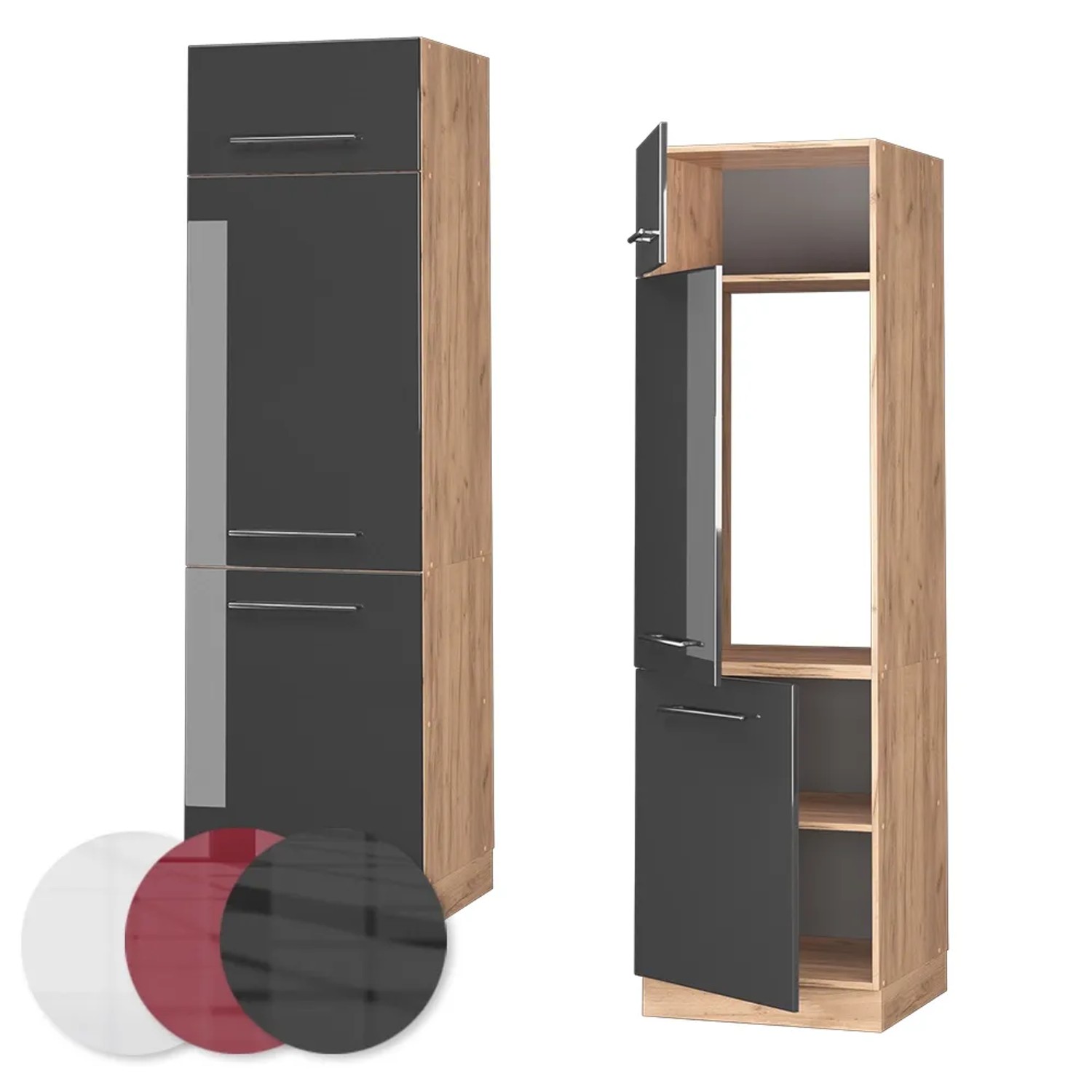 Vicco Kühlumbauschrank Fame-Line, Anthrazit/Eiche, 60cm. Küchenschrank mit Hochglanzfront.