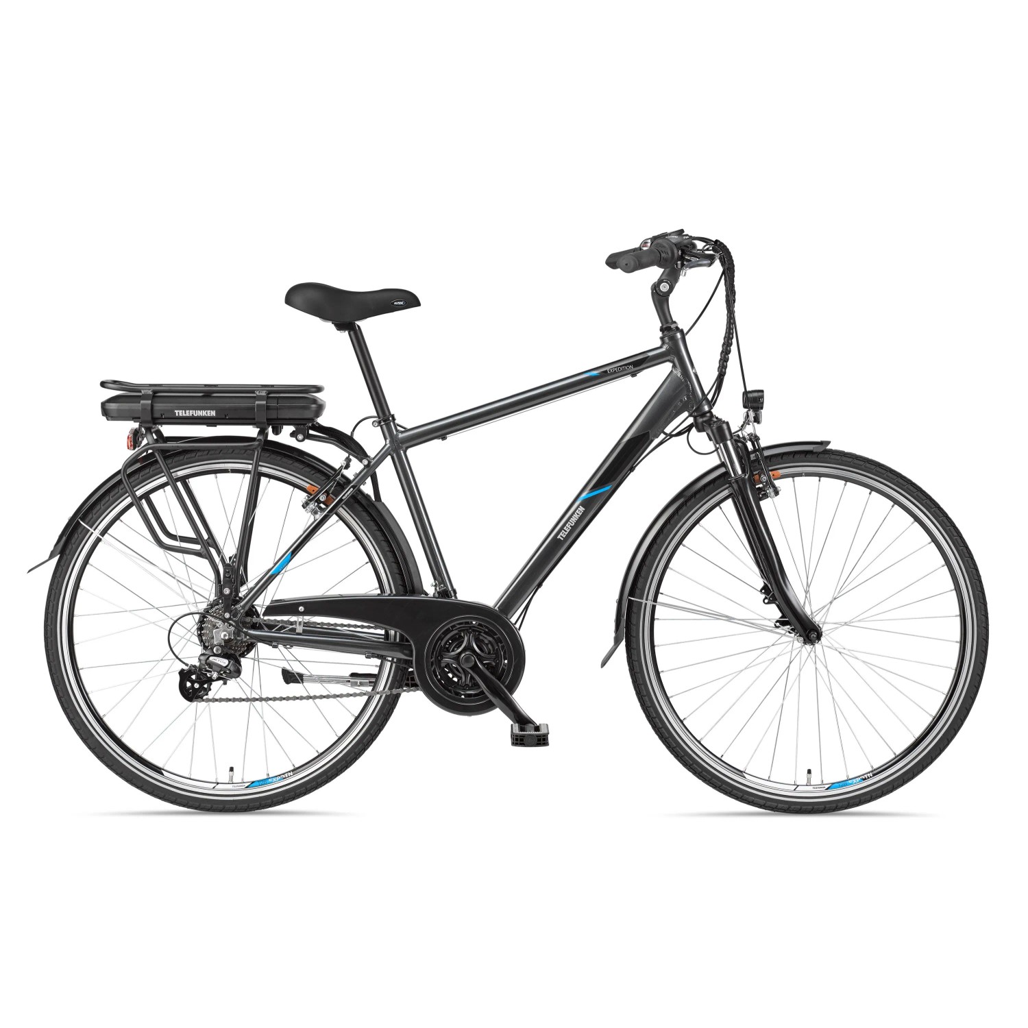 Telefunken Trekking E-Bike mit 21-Gang Shimano Schaltung und Hinterradmotor.