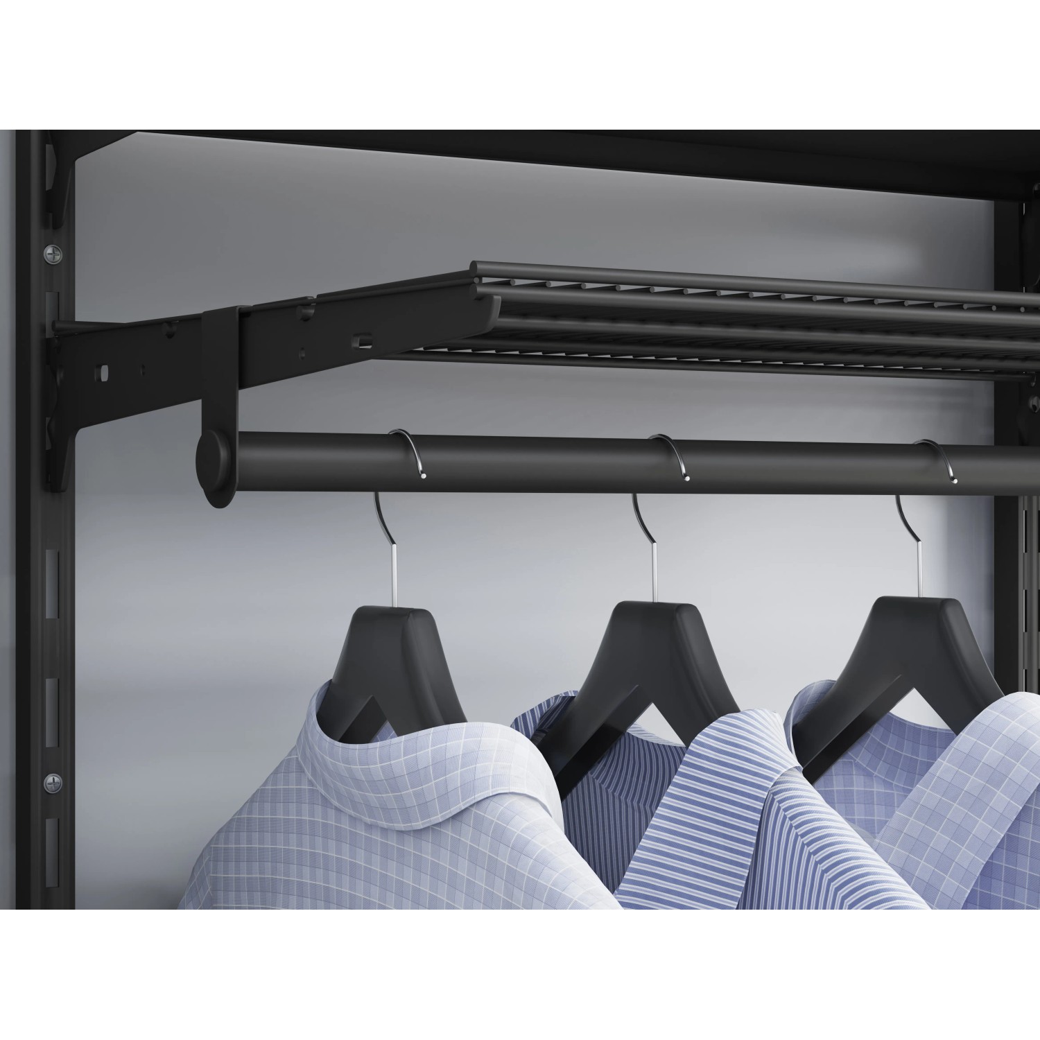 Schwarze Metall-Wandschiene, 2-reihig, 100 cm, als Basis für Regalsysteme.
