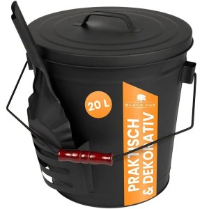 BLACK OAK Ascheeimer STROMBOLI 20L mit Deckel und Schaufel für Kamin & Grill.