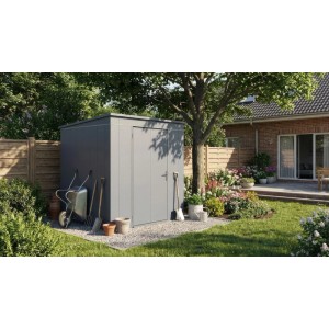 Anthrazitfarbenes Weka Metall-Gerätehaus Gary (192x198 cm) im Garten mit Werkzeugen.