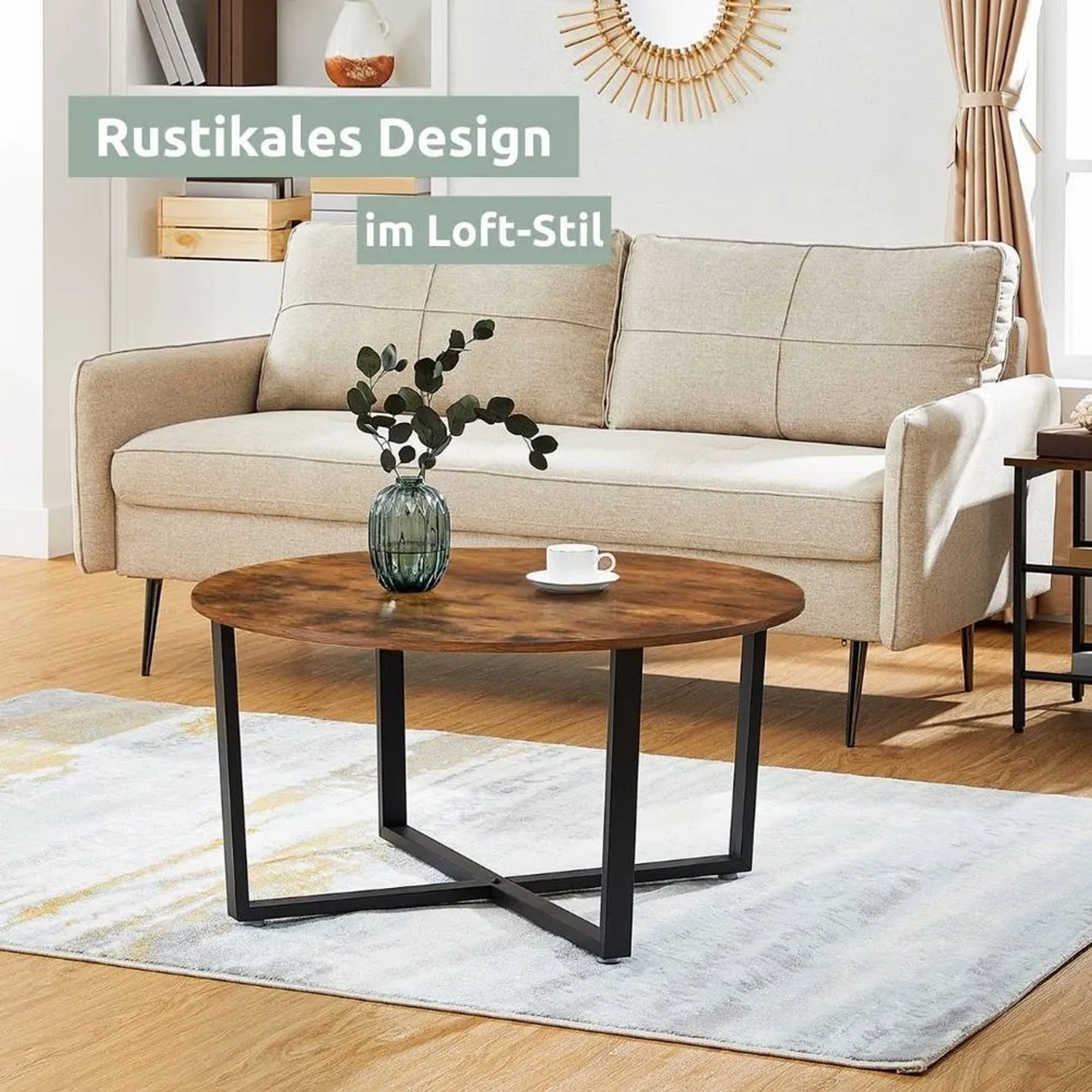 Runder holz4home Couchtisch Indie im Industrie-Stil mit schwarzem Metallgestell.