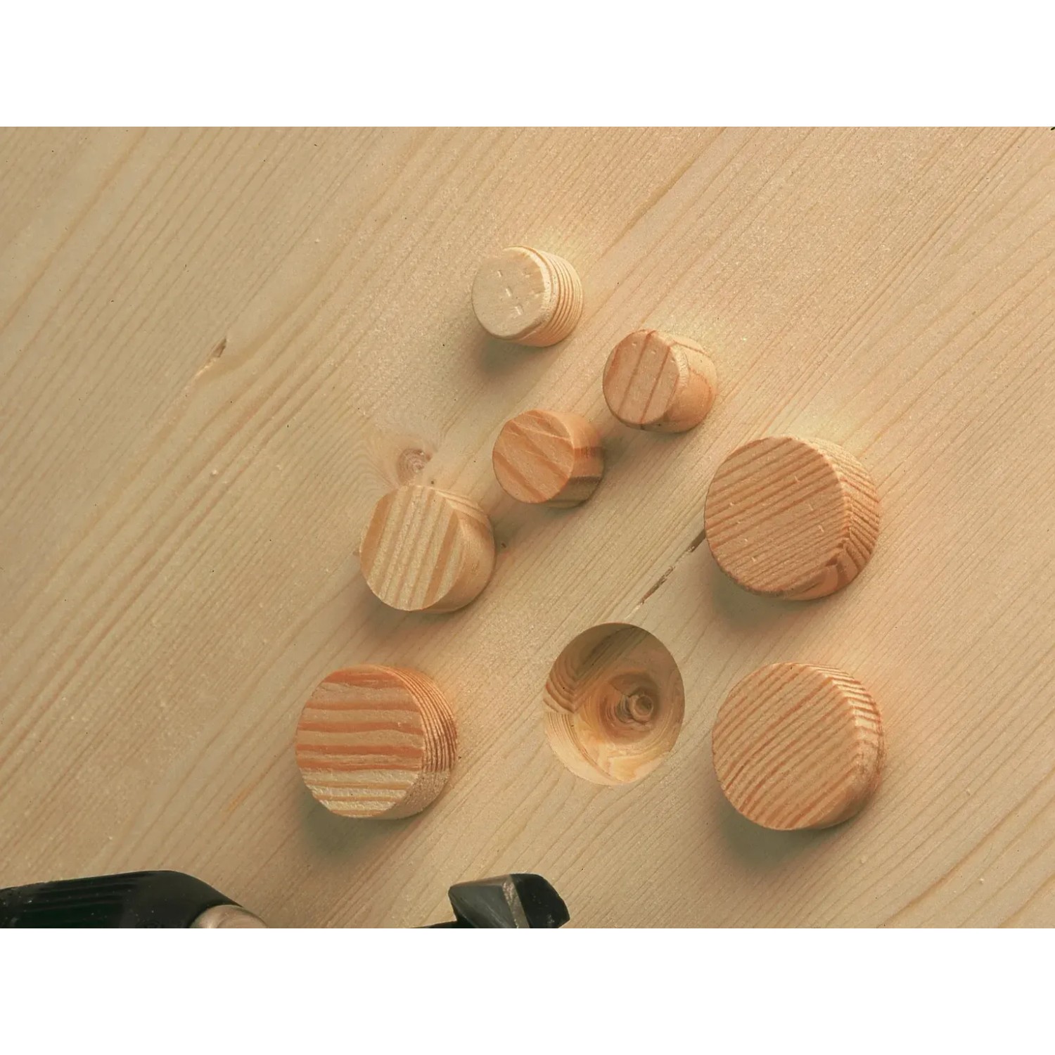 LUX Ausbesserungsplättchen aus Holz in 15, 20 und 25 mm auf Holzoberfläche.