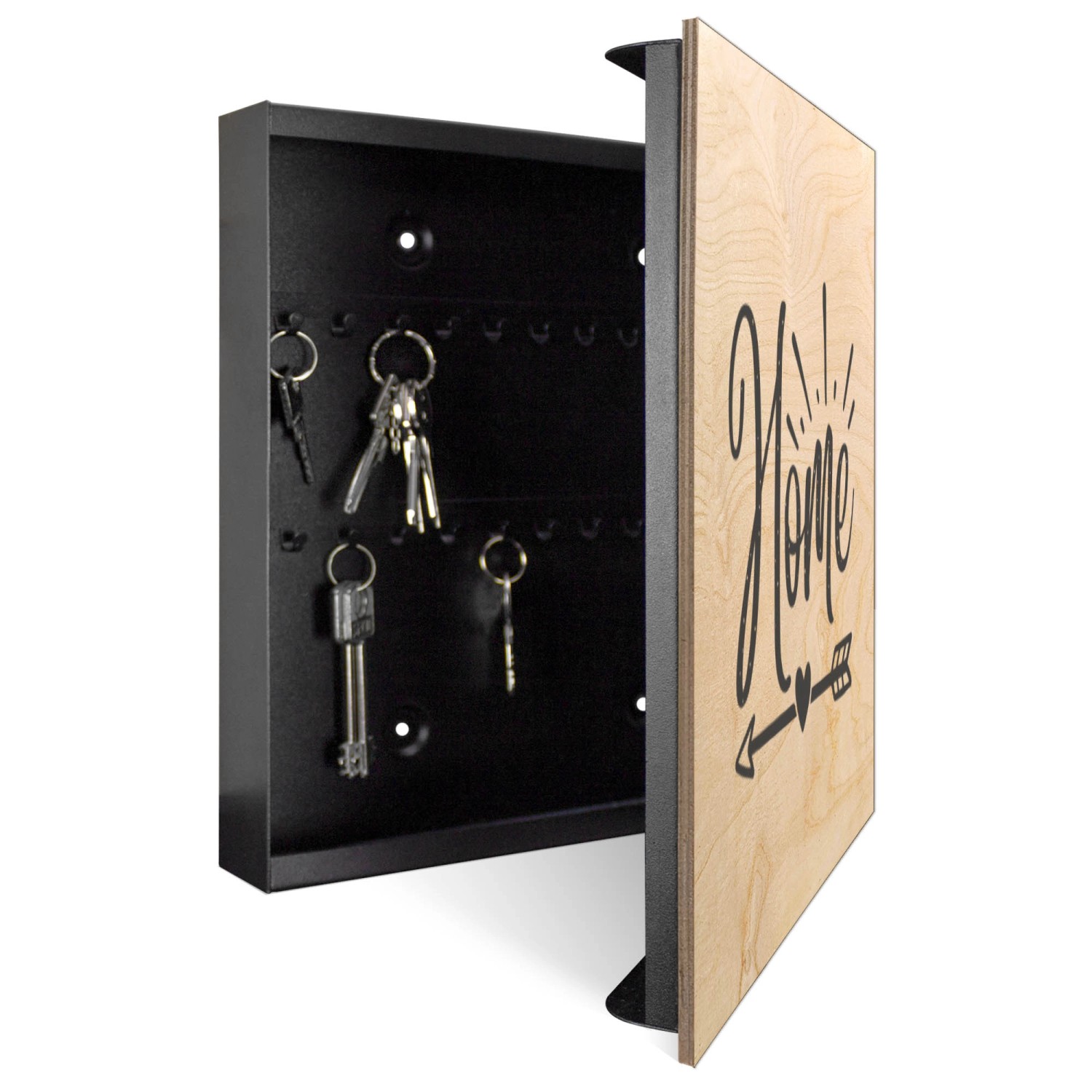 Schwarzer Banjado Schlüsselkasten aus Holz mit Motiv 'Heimatliebe', geöffnet, mit Schlüsselhaken.