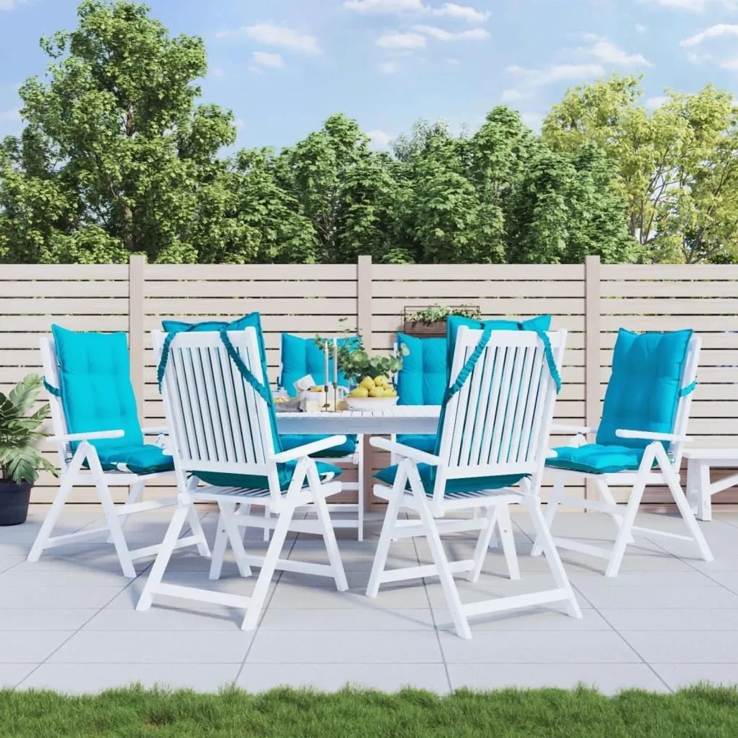 6er Set türkise Hochlehner Auflagen aus Oxford-Gewebe für Gartenstühle.