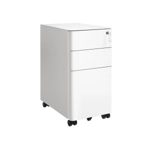 Weißer, abschließbarer Songmics Büroschrank mit Rollen und drei Schubladen.
