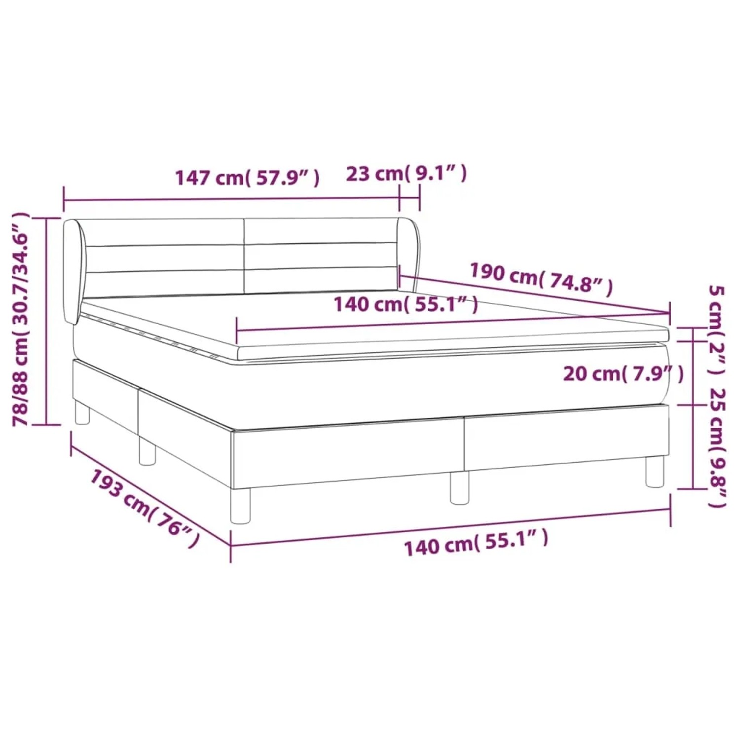 vidaXL Boxspringbett dunkelgrau (140x190 cm) mit Maßangaben.