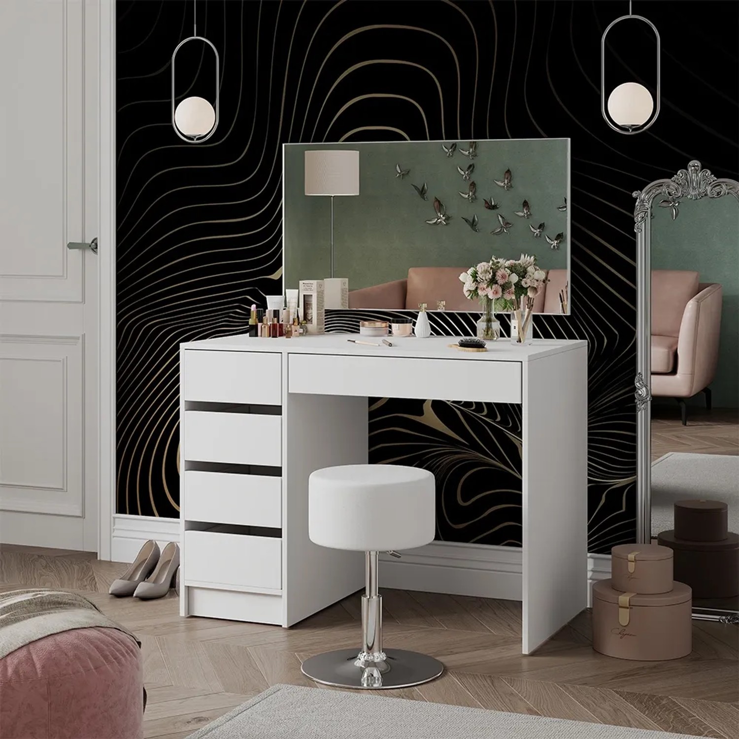 Weißer Vicco Schminktisch Thalia 100 cm mit Hocker und Spiegel. Ideal für die tägliche Beauty-Routine.
