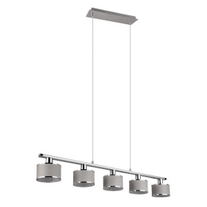 Moderne Trio Pendelleuchte Kaprun Chrom mit fünf grauen Stoffschirmen für den Essbereich.