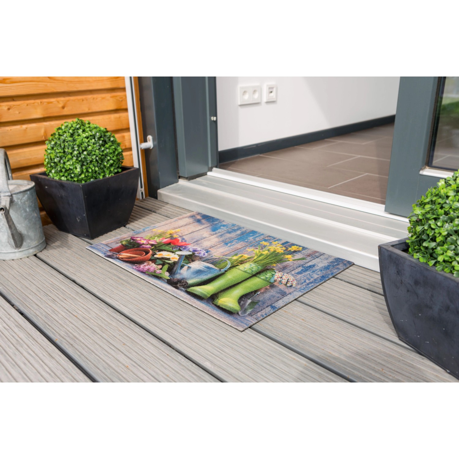 Astra Sauberlaufmatte mit Gartenmotiv (Gießkanne, Gummistiefel, Blumen), 40x60 cm.