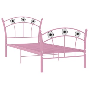 Rosa Einzelbett mit Fußball-Design, Metallbett für Kinderzimmer, 90x200 cm.