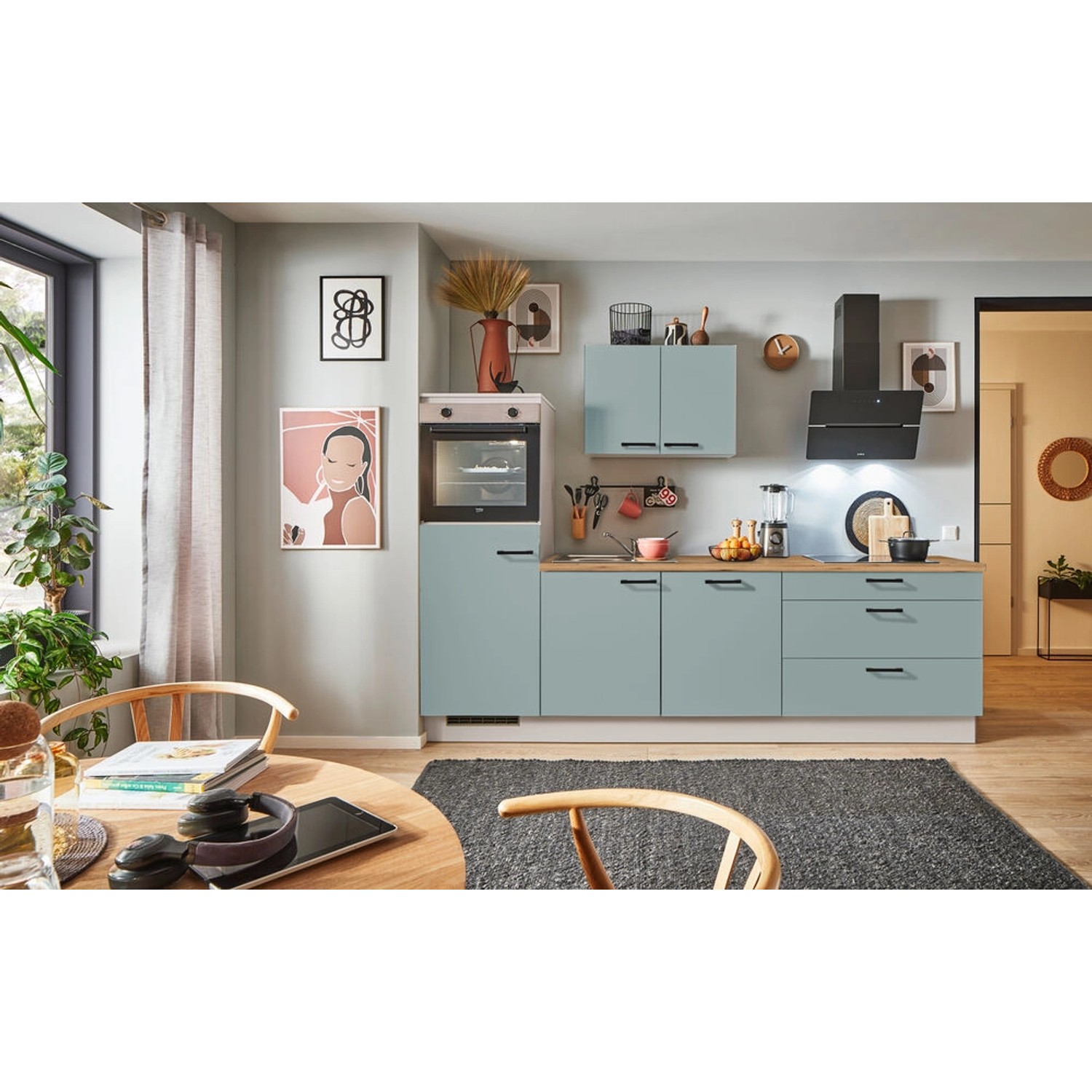 pino Küchenzeile 260 cm Fjordgrün Anschlag,inks 1 Geräteschrank günstig online kaufen