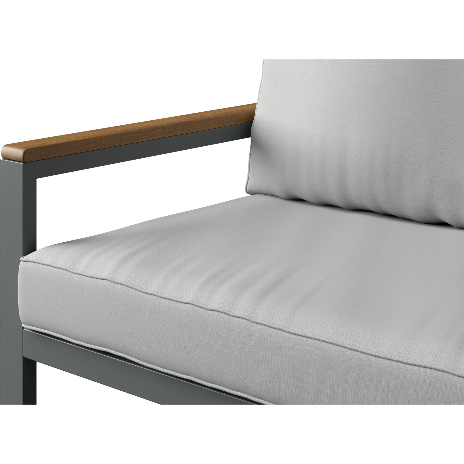 Detailaufnahme: Loungegruppe Moonbeam, anthrazitfarbenes Gestell, beige Polster, Armlehne aus Akazienholz.