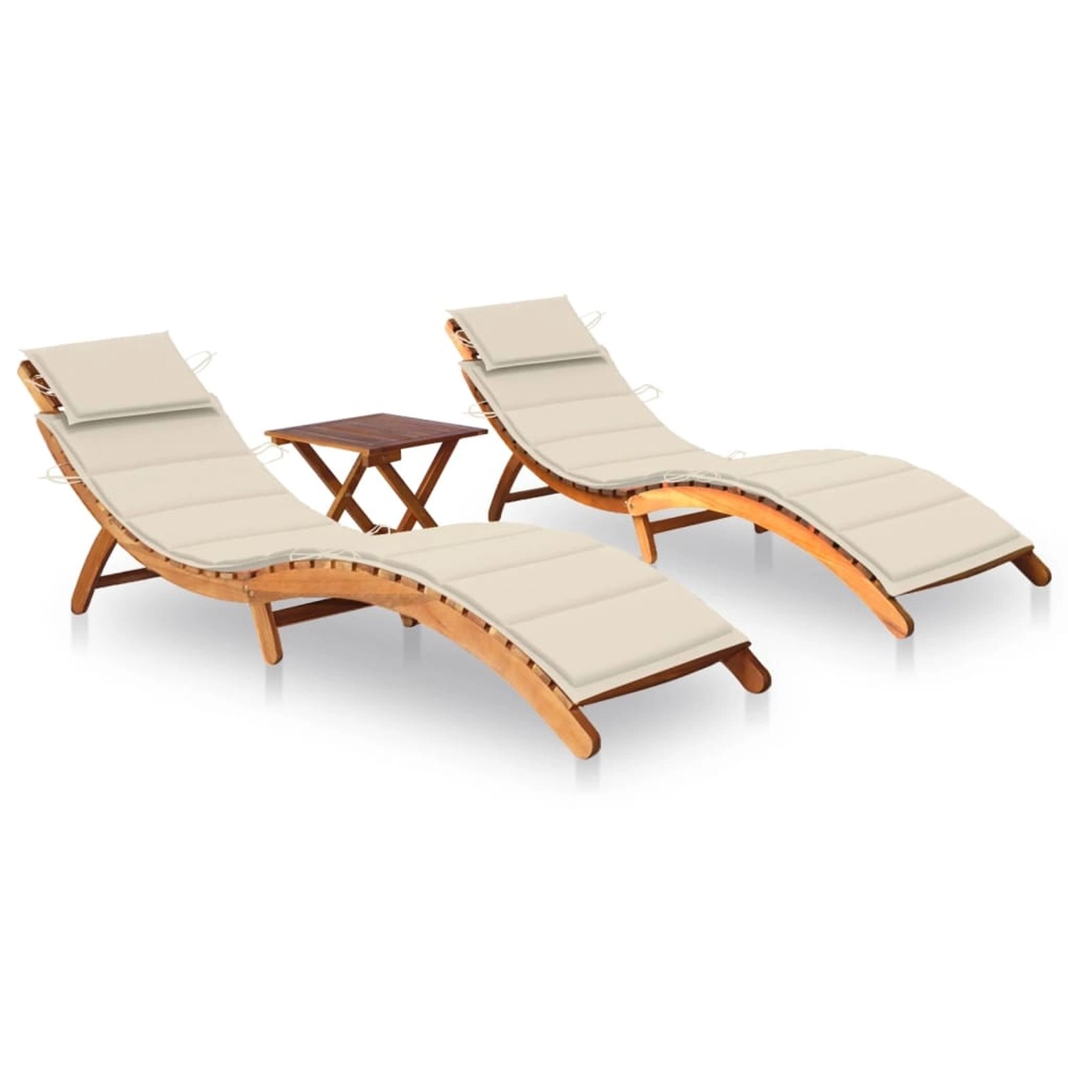Thumbnail - VidaXL Sonnenliegen 2 Stk. mit Tisch und Auflagen Kissenfarbe  Cremeweiß Massivholz Akazie