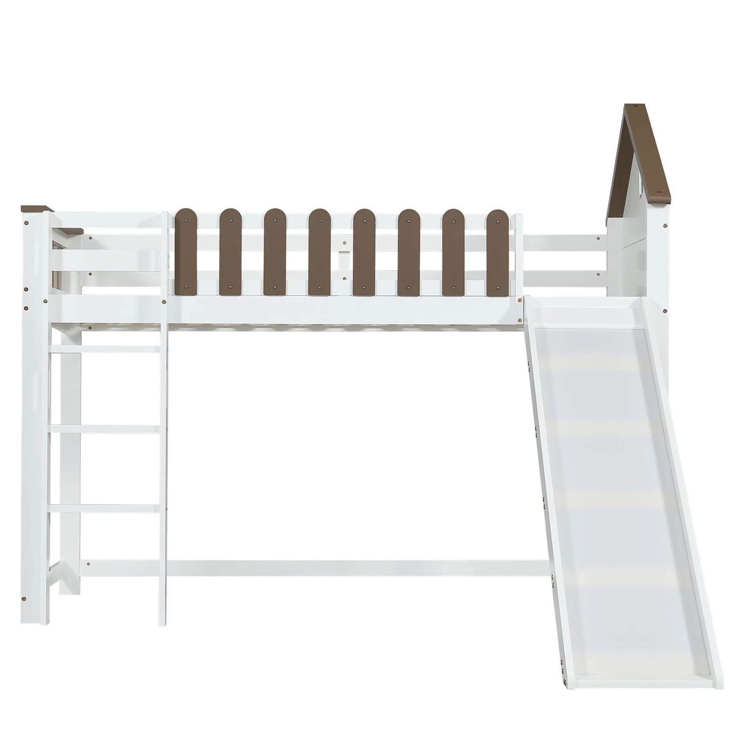 okwish Hochbett 90x200cm mit Dach Fenster Leiter und Rutsche Weiß Walnuss ohne Matratze
