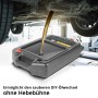 STAHLWERK Ölwechselkanister unter Auto, Altöl läuft in flache Ölauffangwanne. Ideal für sauberen Ölwechsel.