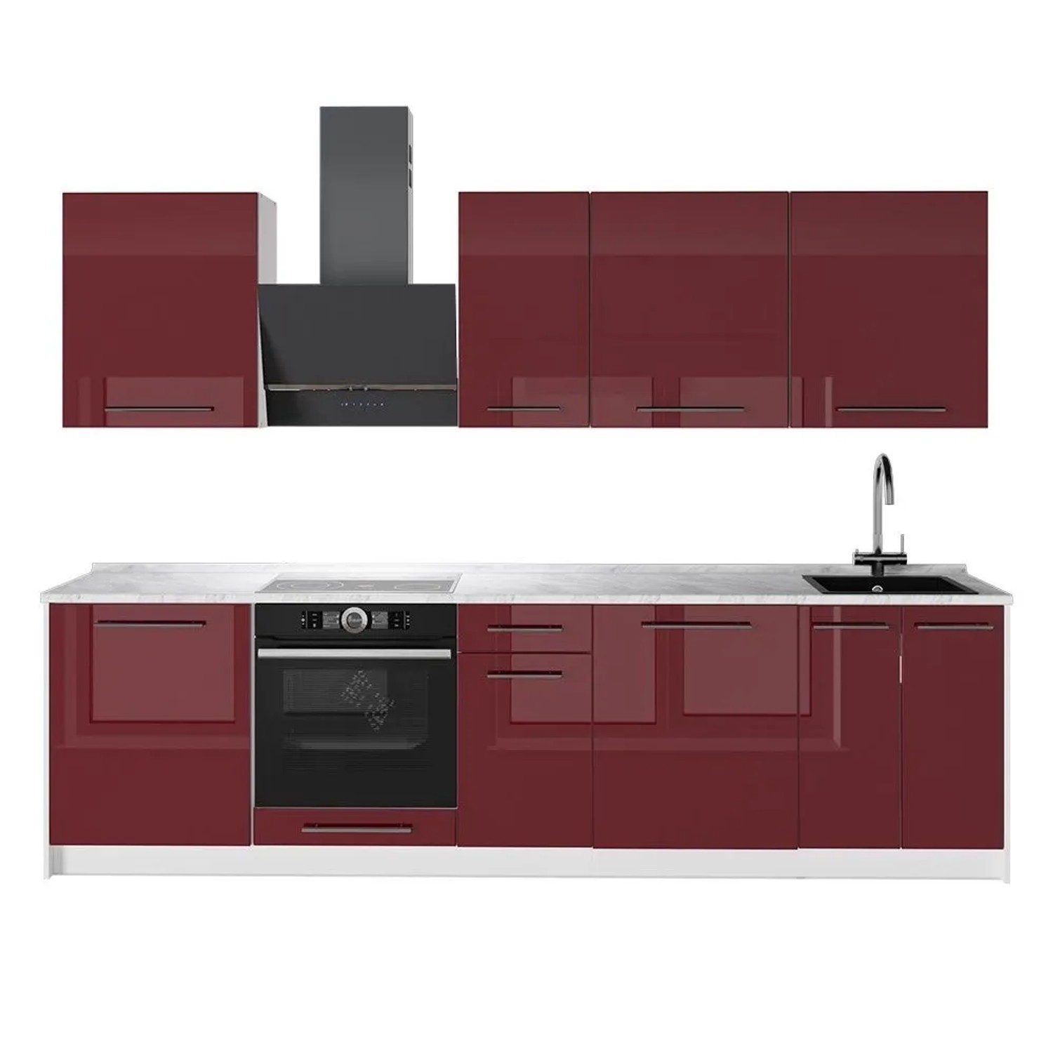 Vicco Küchenzeile Fame-Line Bordeaux Hochglanz/Weiß 280 x 82 AP Marmor Art Nr 64238