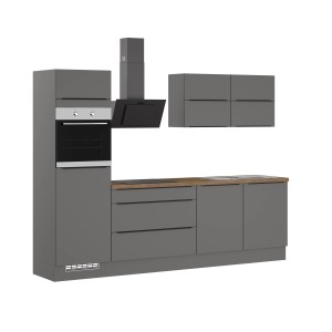 Impuls Küchenzeile IBZ42807L, 280 cm, Grafit, ohne E-Geräte. Einbauküche mit Hängeschränken und Eichen-Arbeitsplatte.