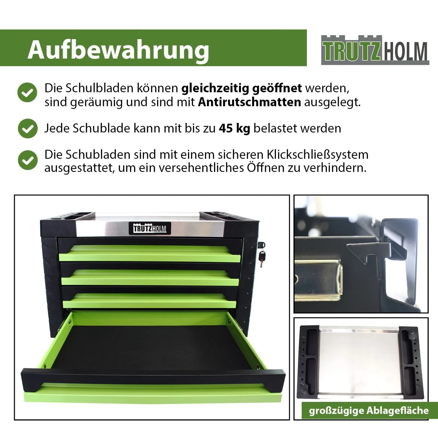 TRUTZHOLM Werkzeugkiste mit 4 grünen Schubladen, leer, 68x46cm, für Werkstattwagen.