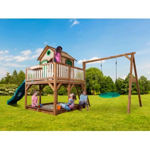 Axi Liam Spielhaus mit Nestschaukel, Rutsche, Sandkasten. Braun-grünes Holzspielhaus für Kinder im Garten.