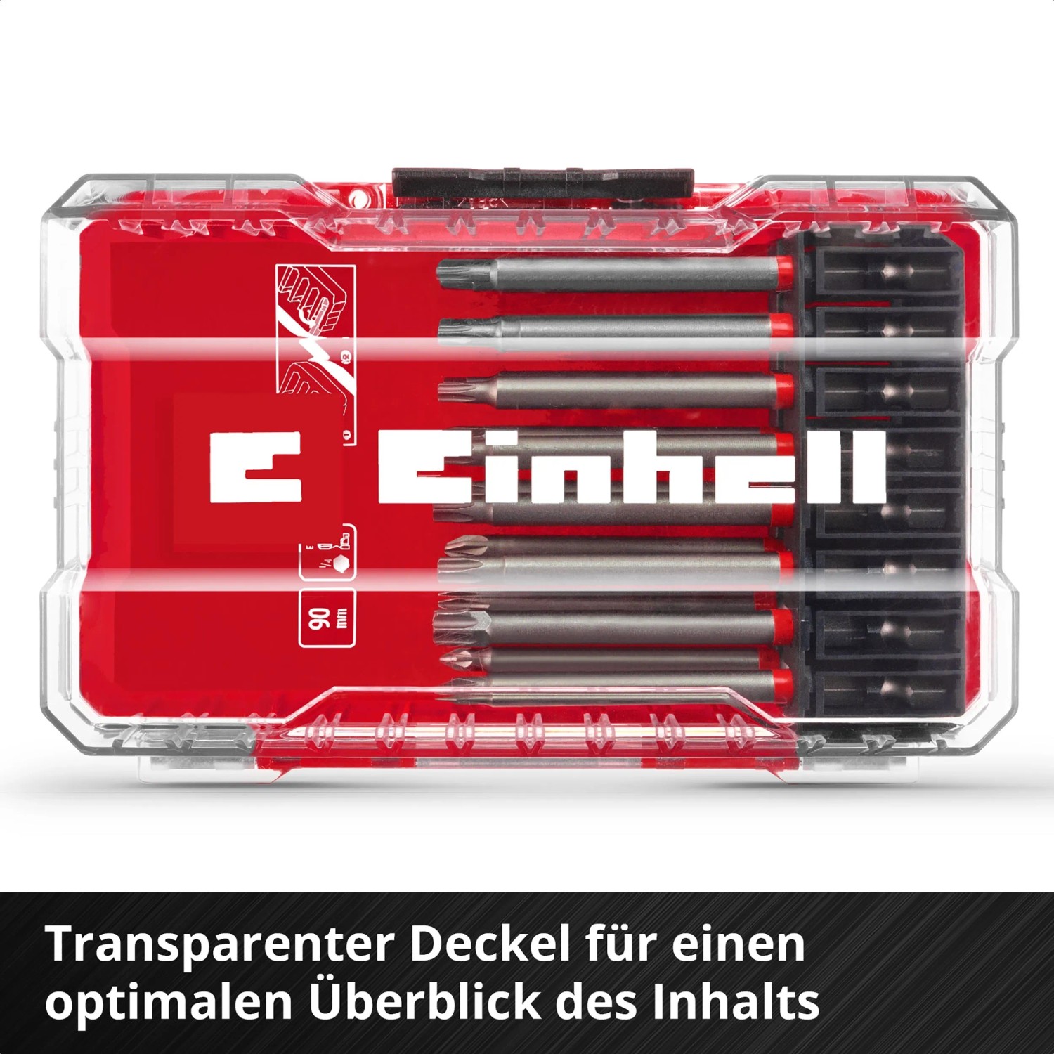 Einhell Bit-Set M-Case, 16-teilig, mit 90 mm Bits in transparenter Aufbewahrungsbox.