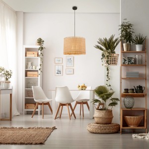 Briloner Pendelleuchte Swing Nature mit Strohschirm in Natur über Esstisch.