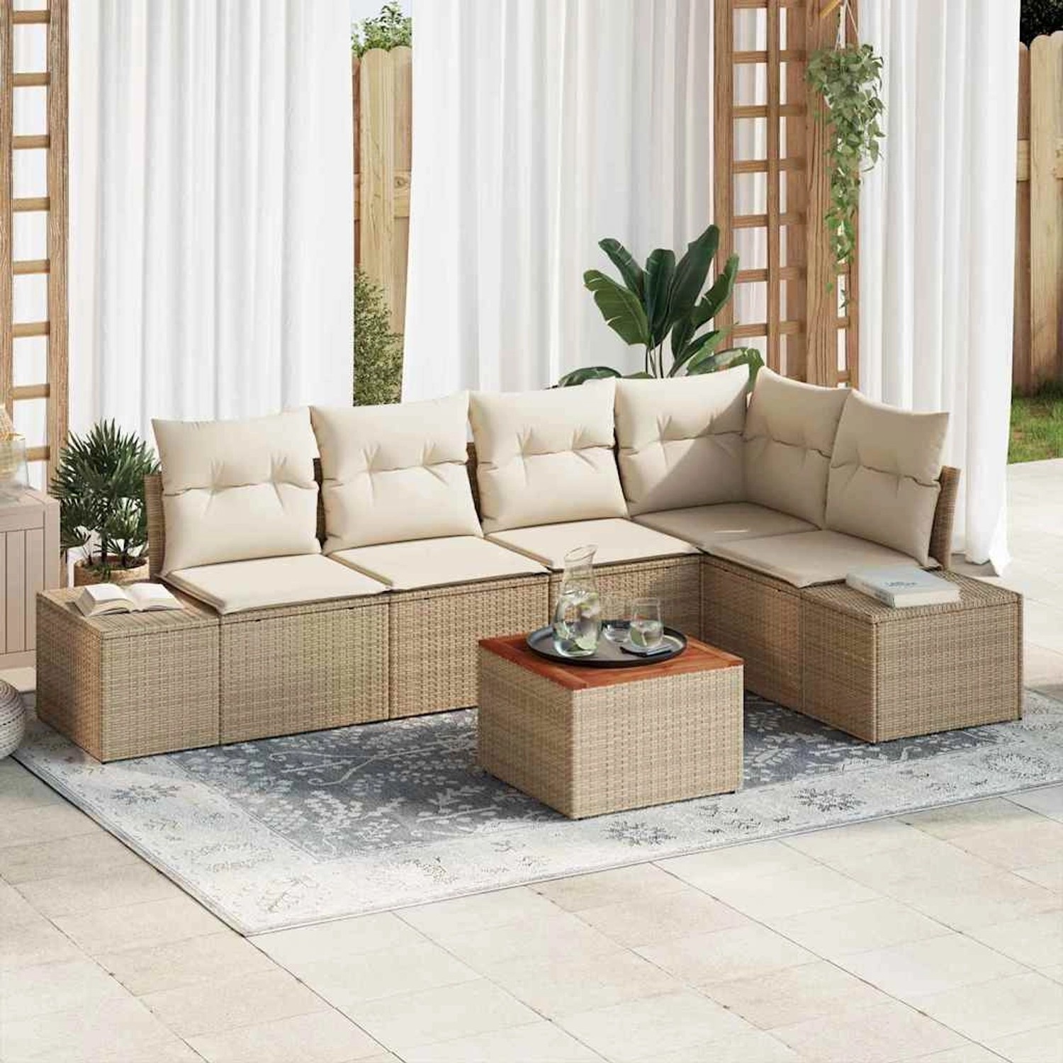vidaXL Garten-Sofa-Set mit Kissen 6-Tlg Beige Poly Rattan 3347960 günstig online kaufen
