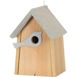 Braun-hellgrauer Nistkasten mit Vogelfigur am Einflugloch, geeignet für kleine Gartenvögel.