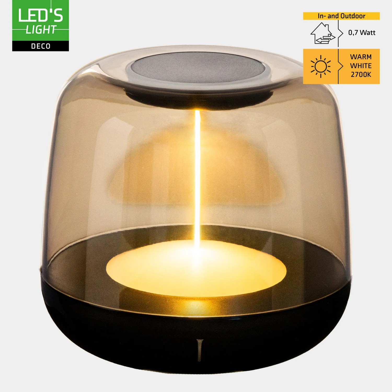 Dimmbare LED Akku Tischleuchte mit Rauchglas, warmweiß (2700K) und RGB, geeignet für Innen & Außen.