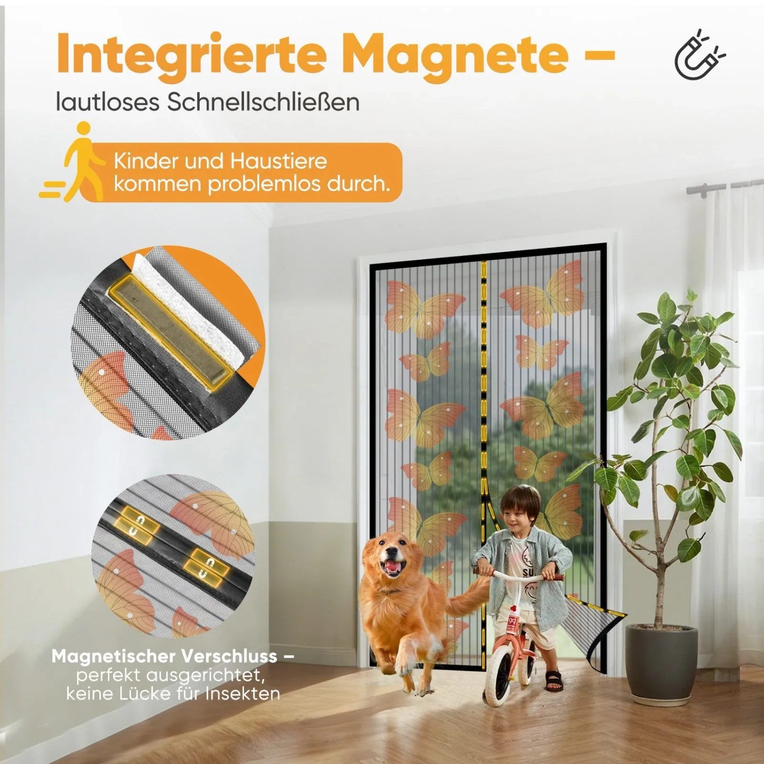 Magnetisches Fliegengitter für Balkontür mit Schmetterlingsmotiv. Kind und Hund passieren den Insektenschutz mühelos.
