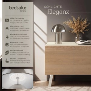 Tectake Akku Tischlampe Kade im Retro Pilzdesign, Nickel, auf Sideboard. Dimmbar, Stahl, 70er Stil.