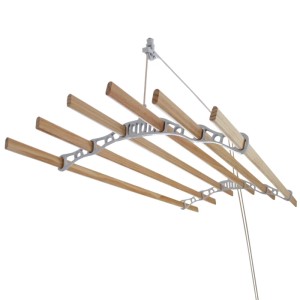 Weißer Monstershop Deckentrockner aus Holz mit 6 Latten und Seilzugsystem.