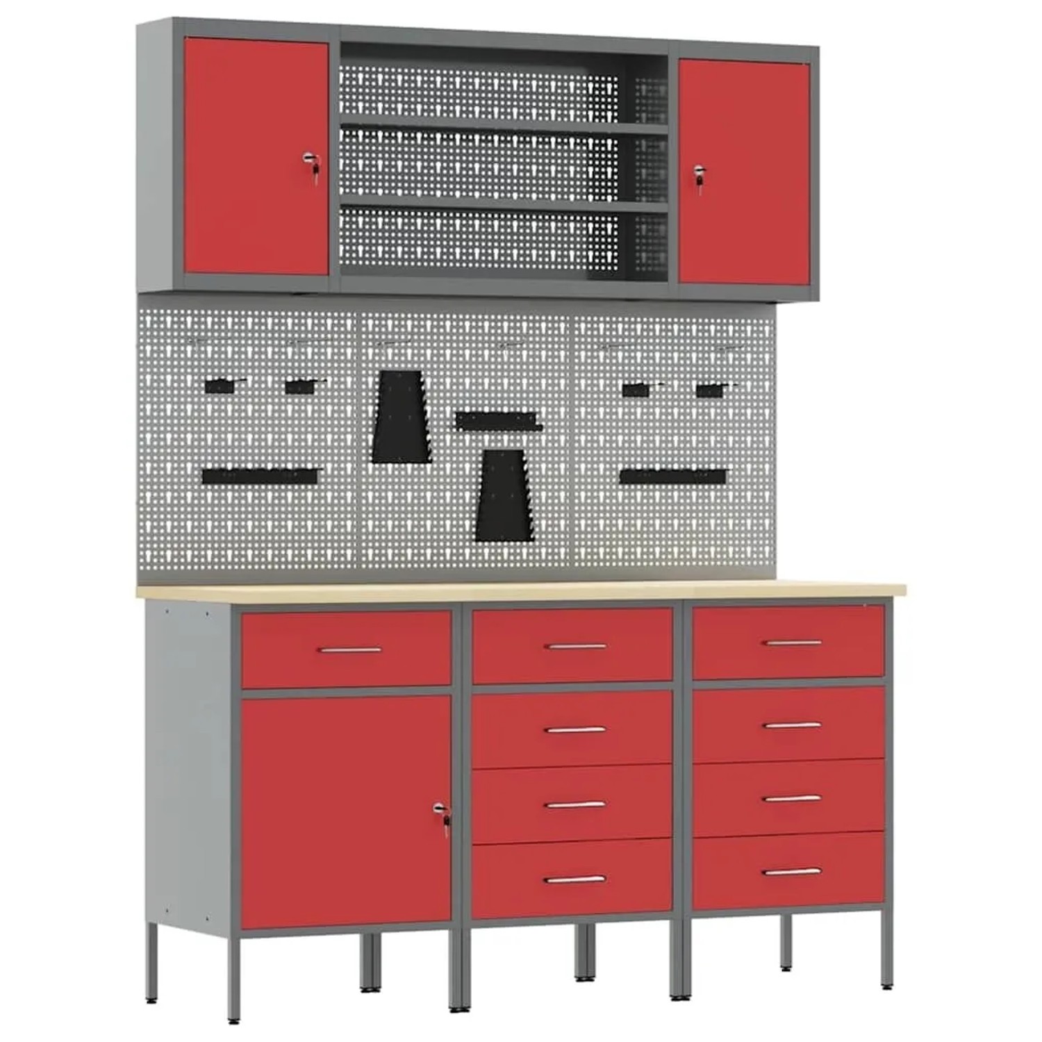 vidaXL Werkbank mit Schubladen 7-Tlg Rot Ingenieure Holz und Stahl 3321449