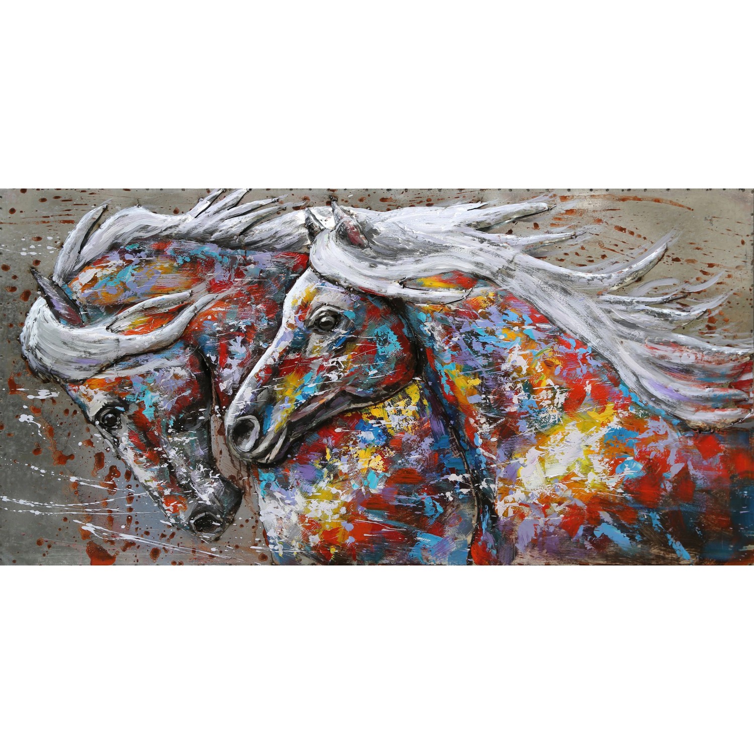 DELUKE 3D-Metallbild 2 Pferde Stahl Bunt 6x70x140cm Wandbild Wohnzimmerbild Dekobild Flur Büro