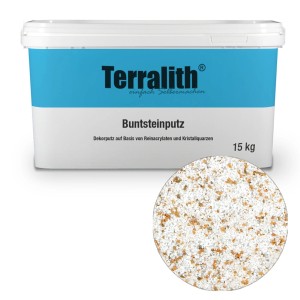 Terralith Buntsteinputz, 15kg Eimer in Weiss-Gelb. Mosaikputz mit Natursteinen für Innen & Außen.